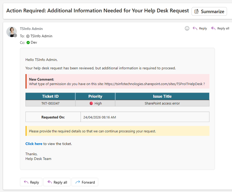 Need More Info Action - Email