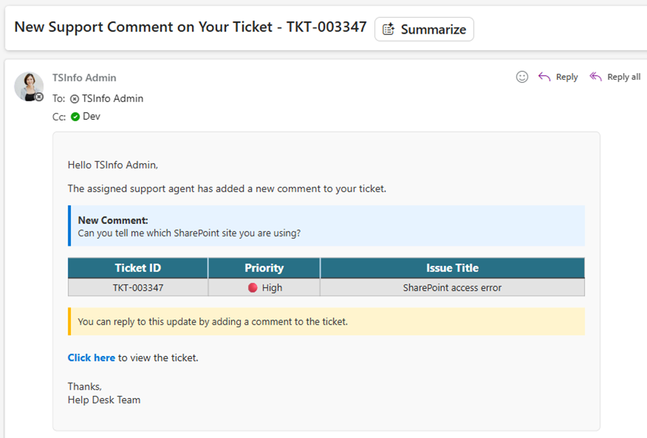 New Support Comments - Email