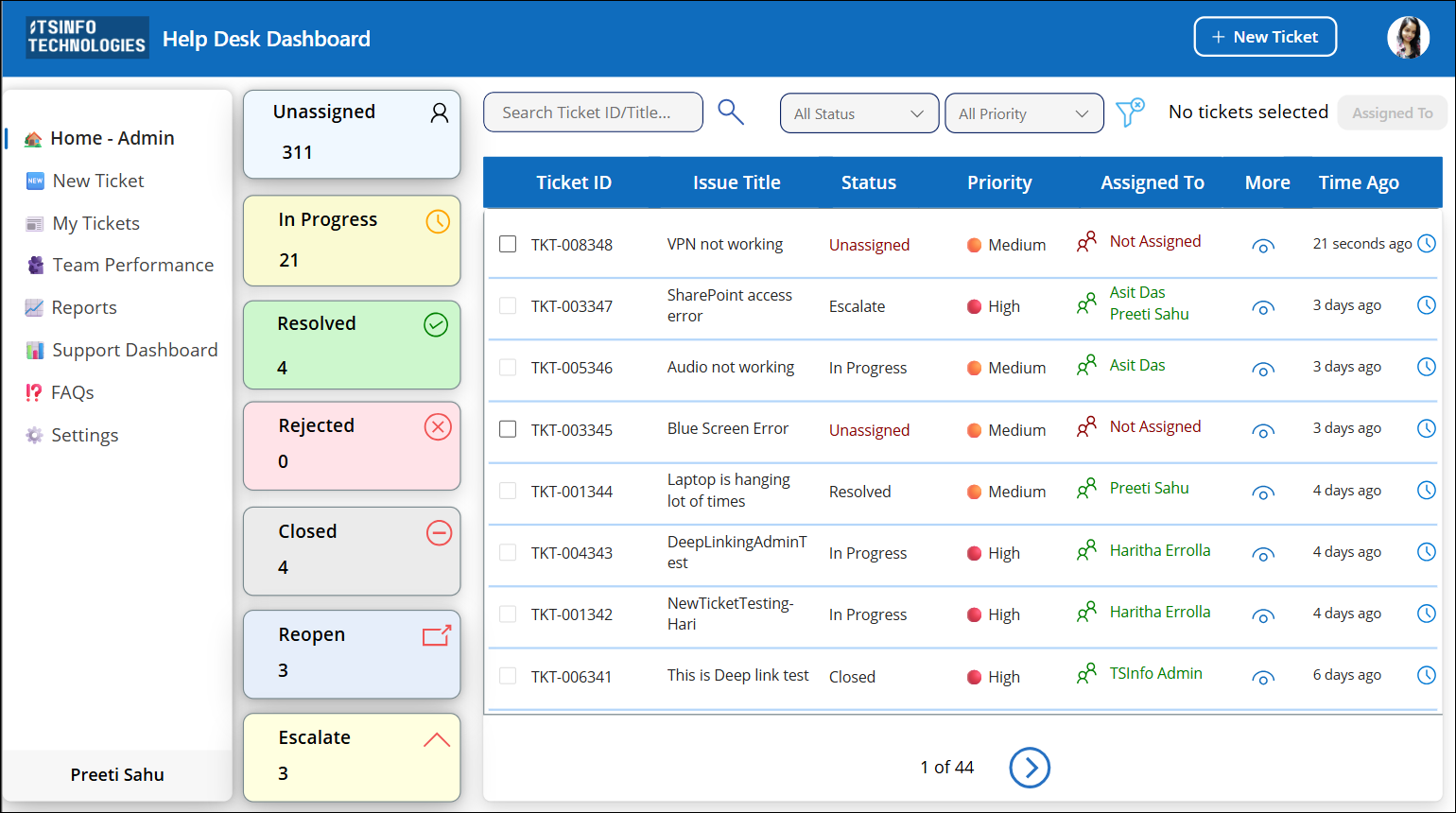 IT help desk admin home screen with ticket counts and the ticket list