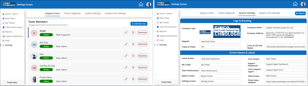 Power Apps IT Help Desk Settings Screen
